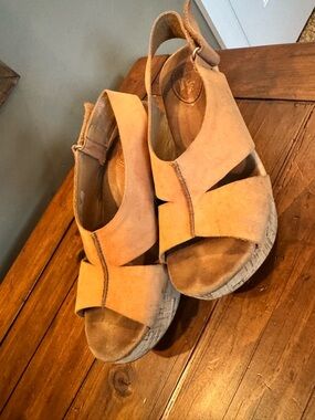 Clarks Artisian Leather Cognac Cork Wedge Sandals 8W